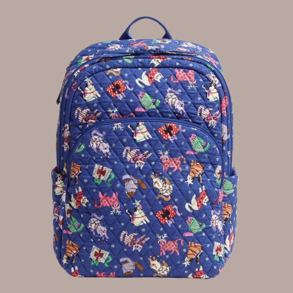 New Vera Bradley Catnip Christmas Essential Large Backpack Quilted Cotton Blue